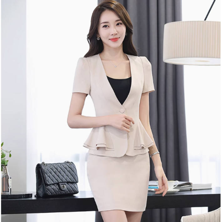 Belseva 여성 프릴 반팔 자켓 스커트 정장 세트