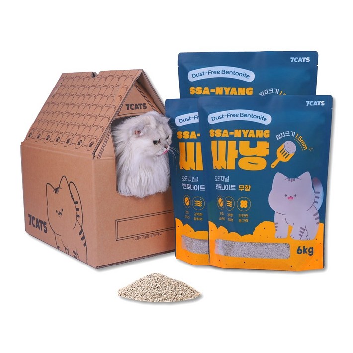 먼지없는 7CATS 싸냥 프리미엄 벤토나이트 고양이모래 무향 6kg x 3개  숨숨집 패키지, 18kg, 1세트, 무향