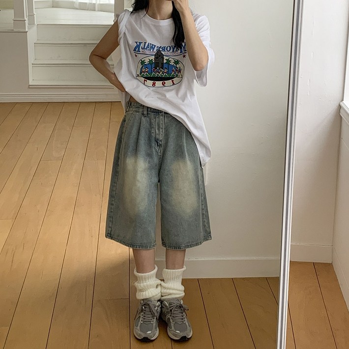 앤샵 남녀공용당일출고 원스 데일리 핀턱 와이드 워싱 데님 버뮤다팬츠 버뮤다 반바지 청반바지2color