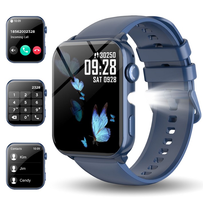 IOWODO R30MAX 스마트워치 1.91인치 HD 곡면 디스플레이 메시지 알림 수면 추적 100가지 이상 운동 모드 LED 손전등 IP68 방수 통화가능 스마트워치, 파란색, 3.7cm, 블루투스