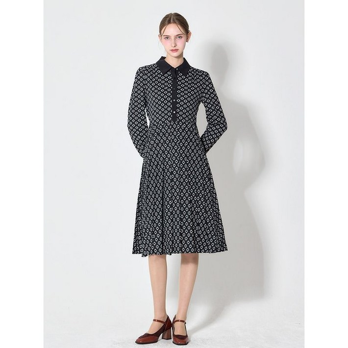 르샵 배색카라 플리츠 프린트 원피스 택가격 159000원