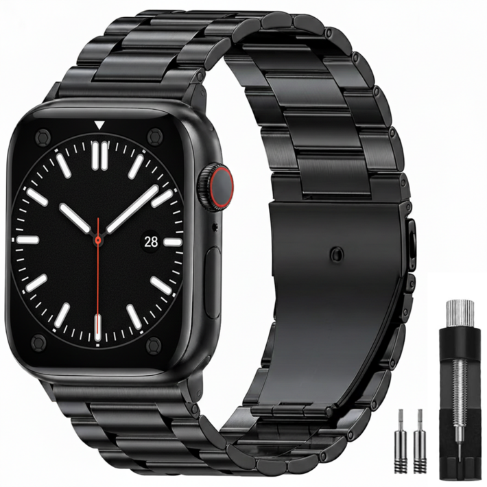 OULUOQI 애플워치 갤럭시워치 호환 메탈 밴드 스트랩 3연 스테인리스 쥬빌레 교체 스트랩  탄성 메탈 밴드, 1개, 블랙