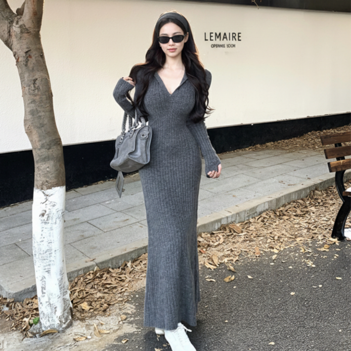 골지 니트 후드 롱 원피스 슬림 겨울 가을