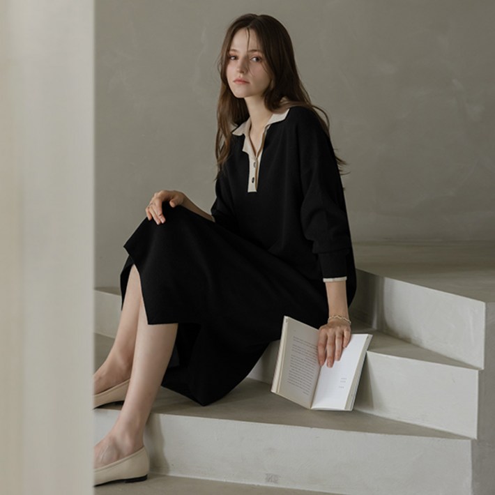 뮤즈린 아모스 카라 배색 니트 원피스