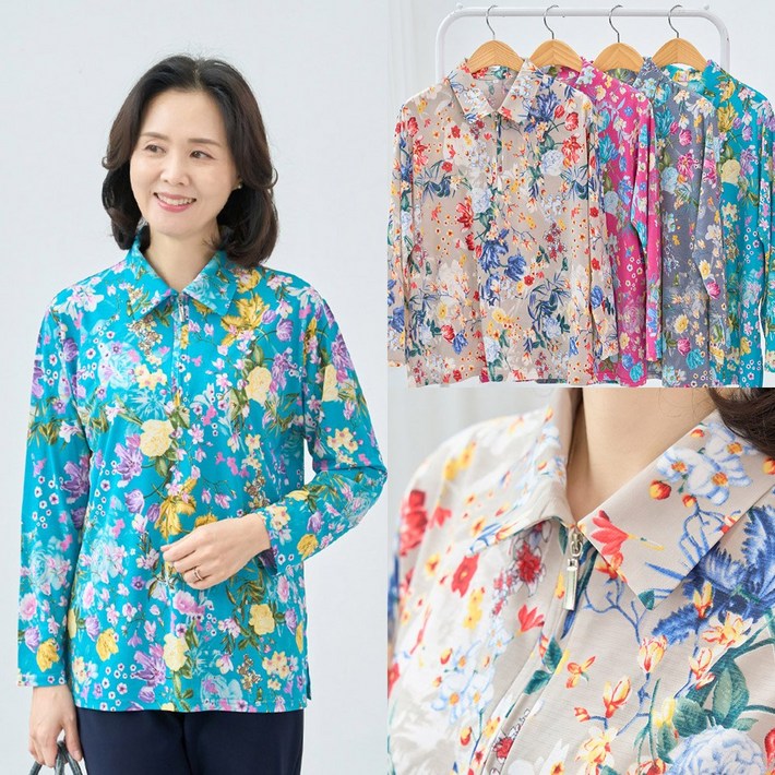 마미소 매화 꽃 카라 티셔츠 국내생산 반집업 무늬 간절기 엄마 할머니 빅사이즈 40 60 마담 중년 여성 옷