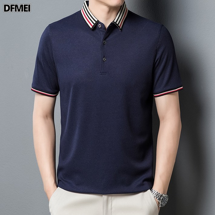 DFMEI 반팔 남자 솔리드 터틀넥 티셔츠 와플