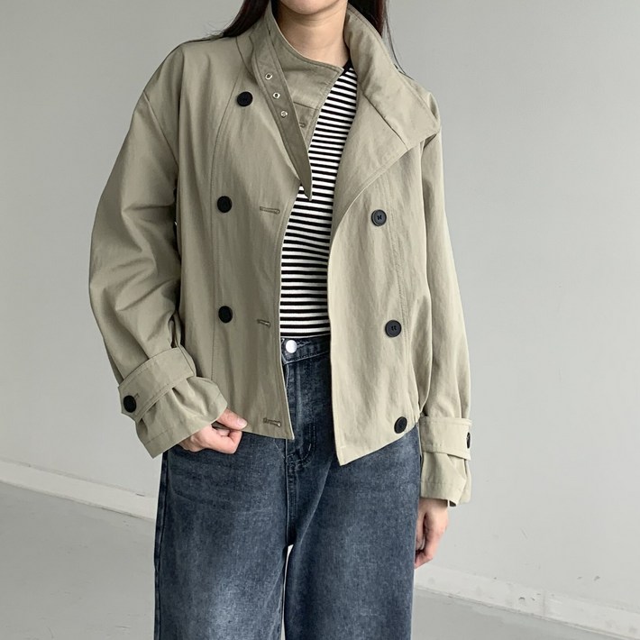 행복여 빌리브 더블 단추 버클 하이넥 트렌치 자켓