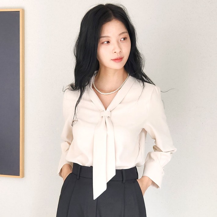 V넥 여성 블라우스 쉬폰 긴팔 리본 정장 상의 하객룩 데일리 유피