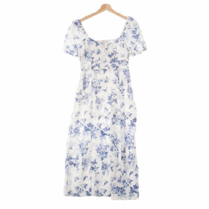 4634 andother stories 화이트블루 플라워패턴 린넨혼방 오픈숄더맥시드레스 17092a