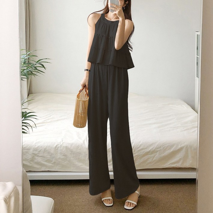 요시아나 당일발송 세이렌 홀터넥 탑 롱팬츠 투피스 세트 2컬러