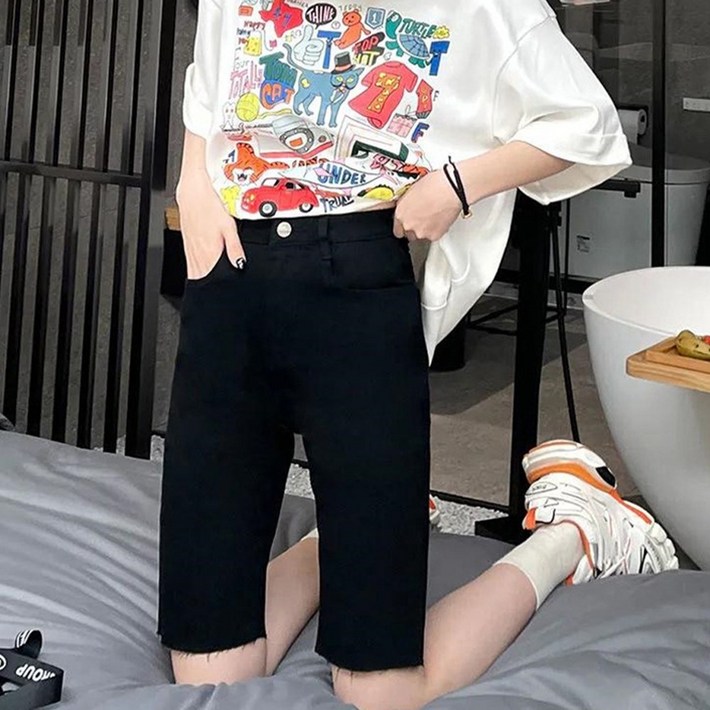 메이리앤 카프리 쫀득 스판 흑청 5부 바이커 팬츠