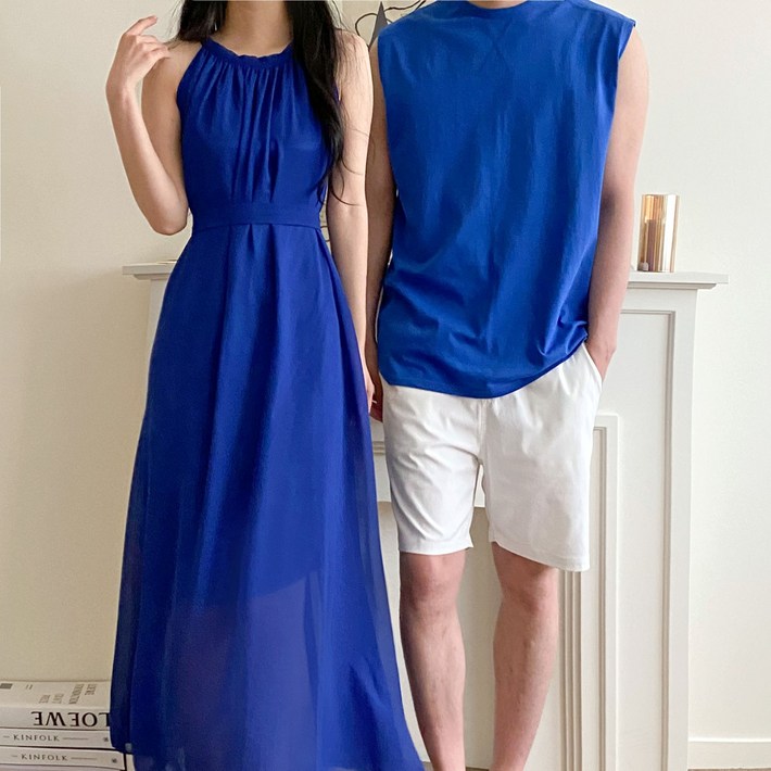 당일발송지중해 블루 쉬폰 롱 비치 원피스 신혼여행 커플 시밀러룩 빅사이즈 가능