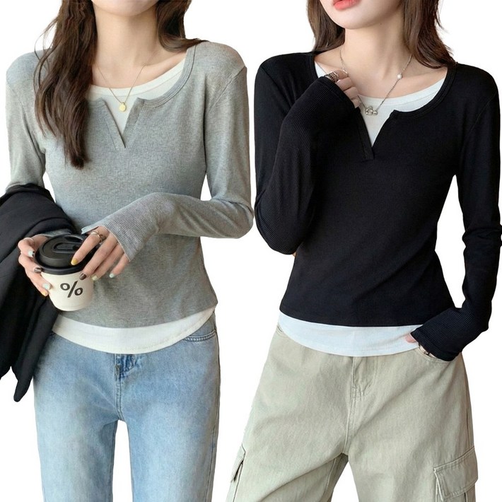 지디오 여성 골지 티셔츠 2개 세트 레이어드 긴소매