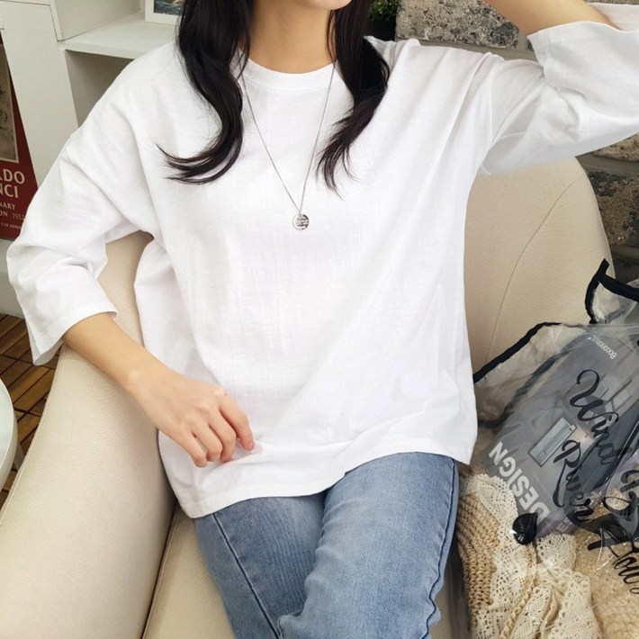 상상그이상 여성용 국내제작 박스 7부 부드러운 슬라브원단 루즈핏 라운드넥 무지 티셔츠 레이어드 이너티