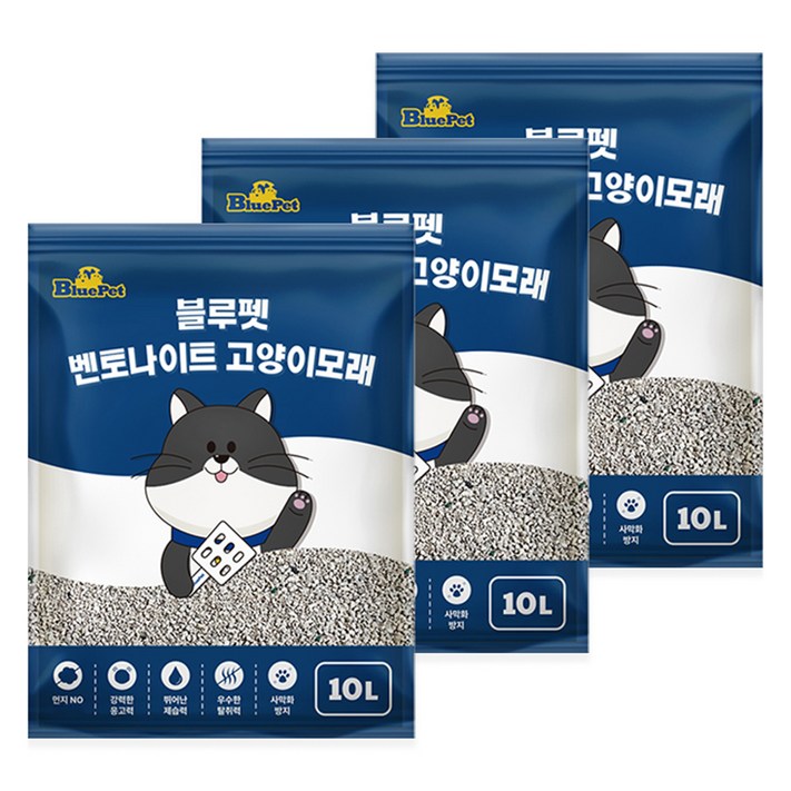 블루펫 응고형 벤토나이트 고양이 모래, 10L, 3개, 무향 블루펫 응고형 벤토나이트 고양이 모래, 10L, 3개, 무향