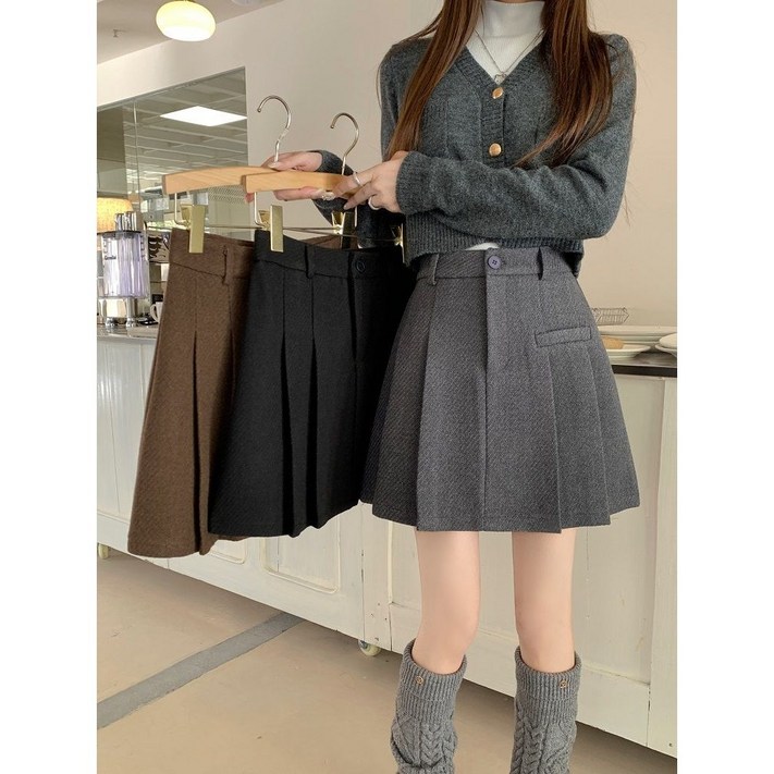 여성용 가을 겨울 플리츠 미니스커트 하이웨이스트 A라인 데일리룩 오피스룩 학생룩