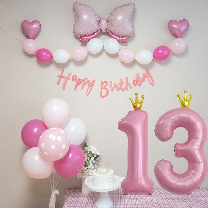 연지마켓 생일풍선 생일파티용품 리본풍선 숫자세트, 핑크리본 핑크세트 13