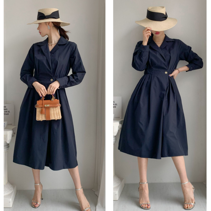 엣지룸 롱 카라 허리 뒷밴딩 원피스 오픈단추 하객룩