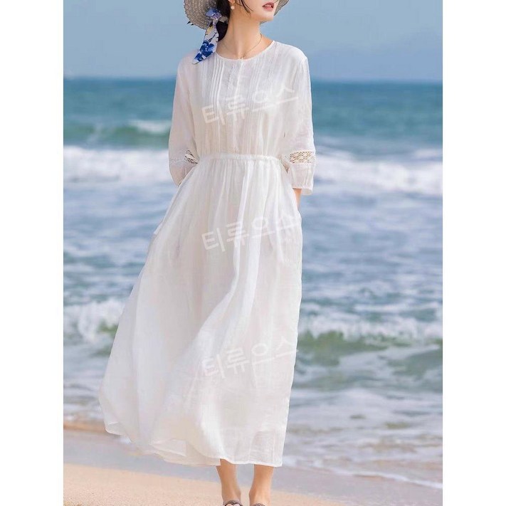 티류으스 여성용 아사면 레이스 자수 롱 원피스 휴양지 여행룩 화이트 드레스
