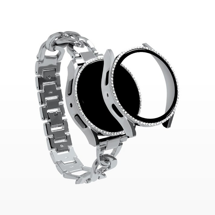 TXLX 갤럭시워치 체인 메탈 스트랩  큐빅 풀커버 케이스 세트, 실버