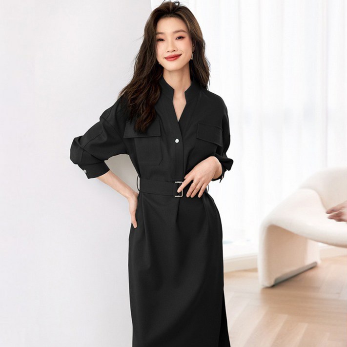 POMTOR 여성 가을 긴팔 벨트 원피스 여성 롱원피스 가을 원피스 브이넥 셔츠 롱원피스 POMTOR 여성 가을 긴팔 벨트 원피스 여성 롱원피스 가을 원피스 브이넥 셔츠 롱원피스