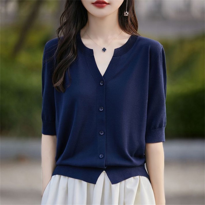 besteffie 여성용 봄 여름 반팔 니트 가디건 심플 포인트넥 단추 장식 캐주얼 출근룩 K51