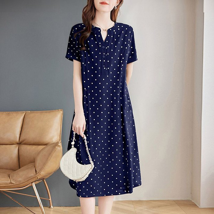 ORZQU 여름 여성 엄마 루즈핏 캐주얼 슬림핏 도트 반팔 롱 원피스