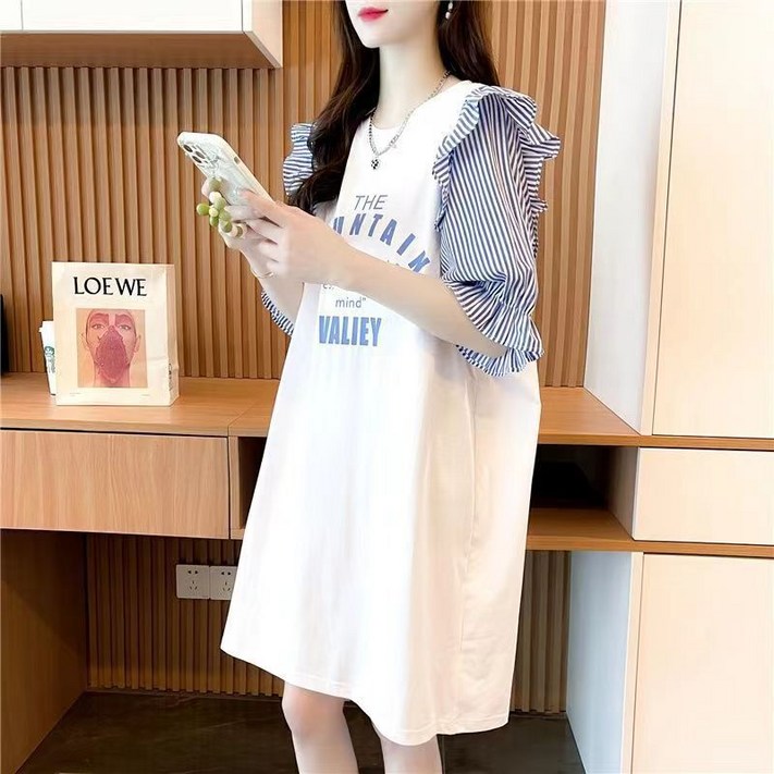 치유쿠 여름 스트라이프 셔츠 소매 롱 티셔츠 원피스
