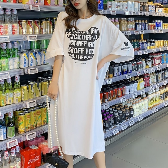 POMTOR여성용 순면 미디 원피스 반팔 루즈핏 여름 데일리룩 롱티셔츠