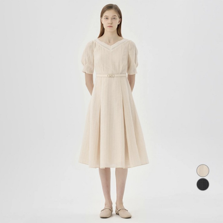 라인어디션 여성용 V네크라인 체크 코튼 원피스