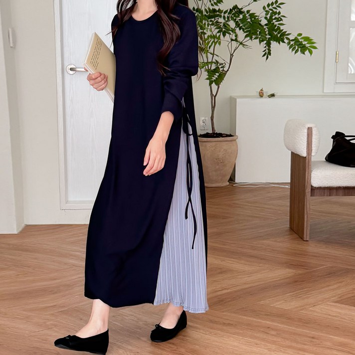 보리맘 씨드 플리츠 배색 리본 임산부 롱 원피스 a56