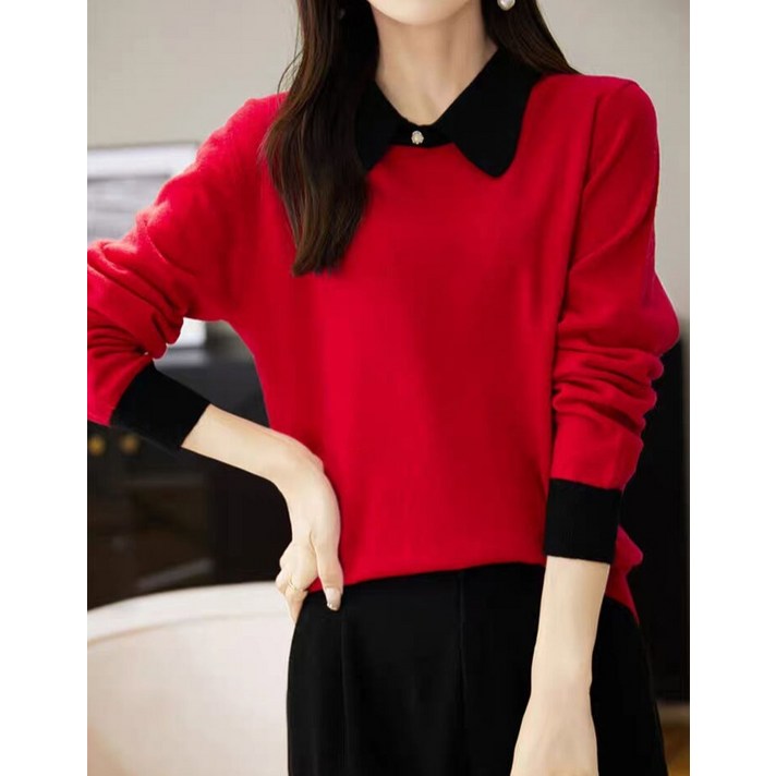 와이스토리 카라 배색 심플 니트