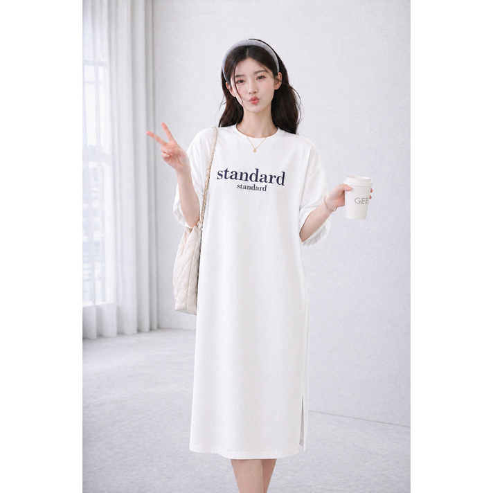 MINA STYLE 여성 반팔 루즈핏 롱 원피스 빅사이즈 데일리 티셔츠 원피스 홈웨어 standard 프린팅
