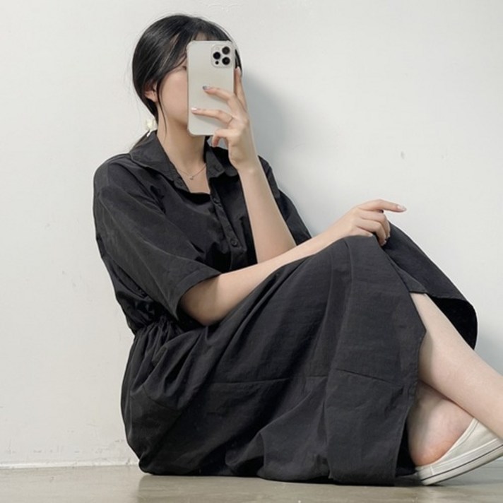빈츠 나일론 트임 카라 스트링 반팔 롱 원피스 3col 빈츠 나일론 트임 카라 스트링 반팔 롱 원피스 3col