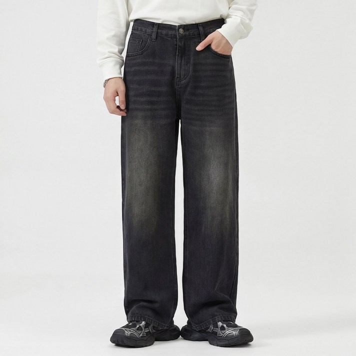 루크 남성 밴딩 와이드 워싱 청바지 봄가을 기본 일자 팬츠 데일리 편안한 캐주얼 블루진 간절기 힙한 스트릿 체형커버 패션 하의