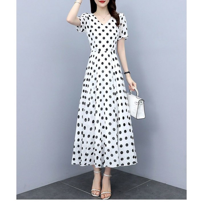 여름 빅사이즈 여성 롱 도트 쉬폰 원피스 DL786