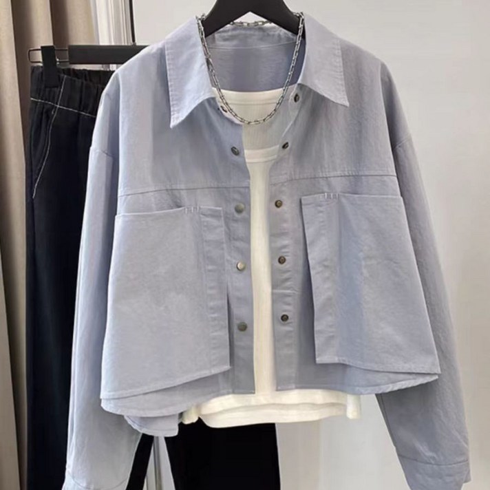 COSYEVNO 여성 숏 셔츠 루즈핏 캐주얼 순색의 카라넥 주머니 접합 봄가을 긴팔 코트