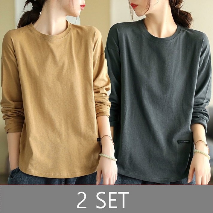 ROYALBELLE 2장묶음 여성 순면 긴팔 빅사이즈 베이직 심플 루즈핏 캐주얼 티셔츠 K031403