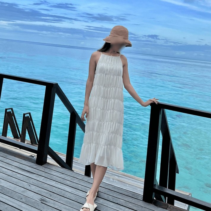 [헬로 바캉스] RH-009 끈나시 플리츠 롱 휴양지원피스 주름 화이트 흰색 시원한 몰디브 해외여행 여자 여성