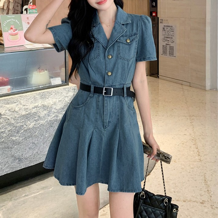 반팔 여성 데님 카라 미니 벨트 원피스 청 스커트 여름 반팔 여성 데님 카라 미니 벨트 원피스 청 스커트 여름