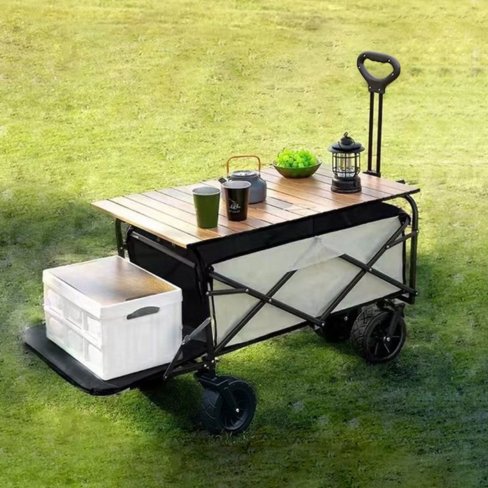 라이프영 캠핑웨건 뒷문 확장형 우드 상판 테이블 세트 와이드 휠, 1개, 블랙