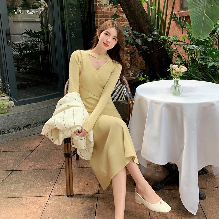여성복 토끼털 기모 긴팔 니트 원피스 가을 겨울 롱 기질 슬림 이너 이너 이너 원피스