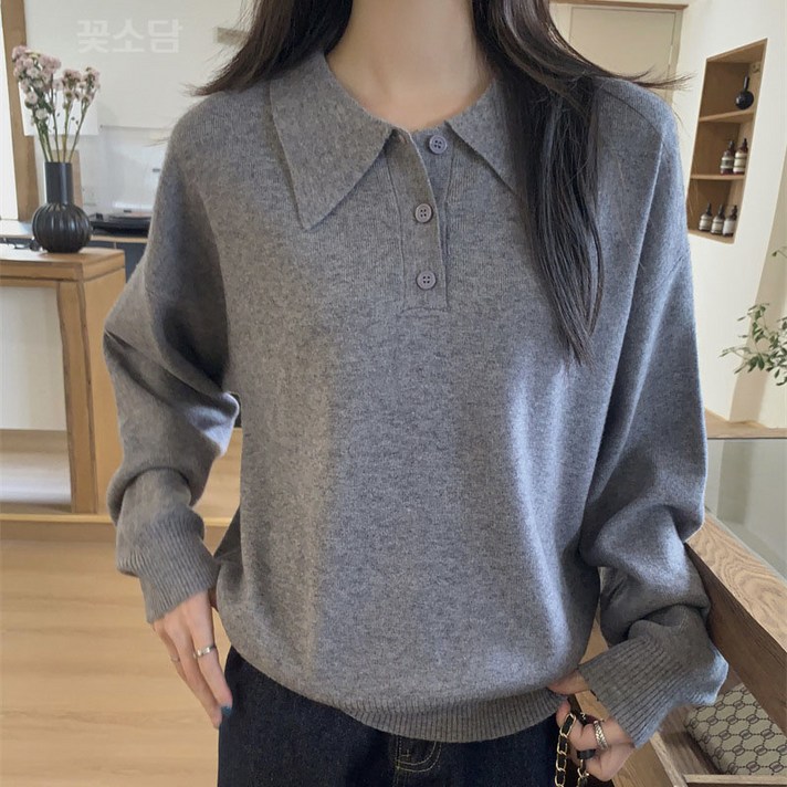 꽃소담 여자 소프트 베이직 긴팔 니트 여성 데일리룩 반오픈 칼라넥 니트