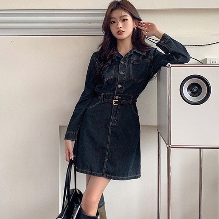 벨트 포함 긴팔 데님 미니 카라 원피스 청 치마 봄