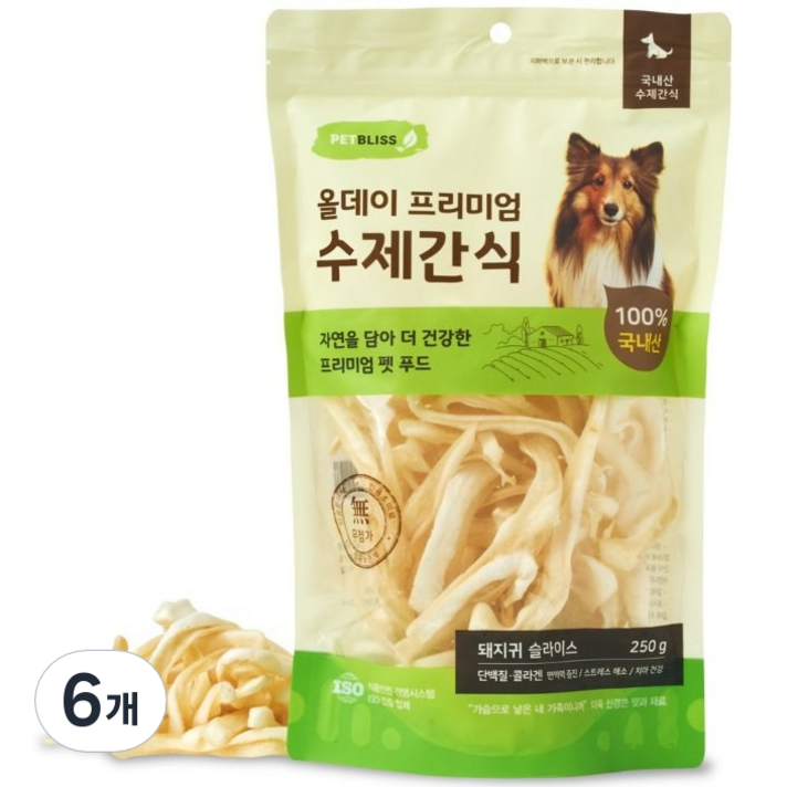 펫블리스 프리미엄 올데이 스틱 강아지 수제간식, 6개, 250g, 돼지귀 슬라이스 펫블리스 프리미엄 올데이 스틱 강아지 수제간식, 6개, 250g, 돼지귀 슬라이스