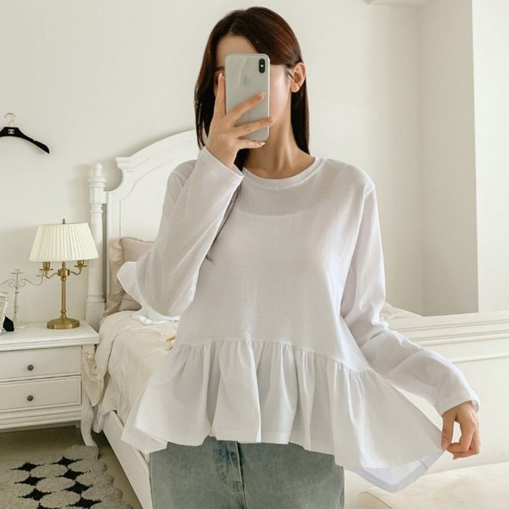 라라온 여성용 프릴 밑단 라운드넥 긴팔 티셔츠 25TSP3594