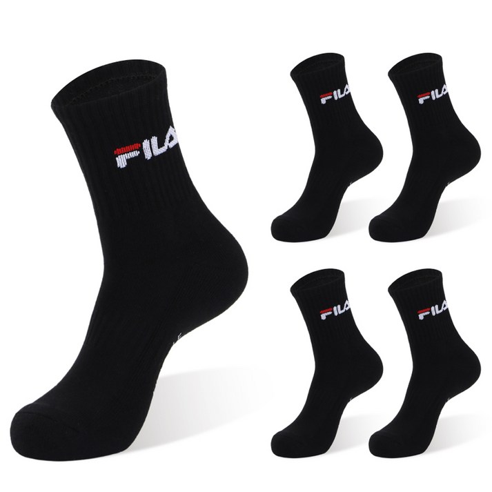 휠라 시그니처 더블 쿠션 미드 양말 5켤레, 블랙, 1세트