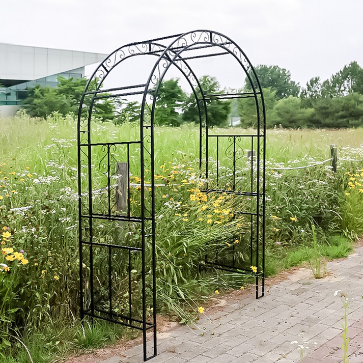 21세기트랜드 로엠 철재 가든아치 대문형 정원 펜스 넝쿨 식물 지지대 W 1400mm x H 2200mm x D 585mm, 블랙