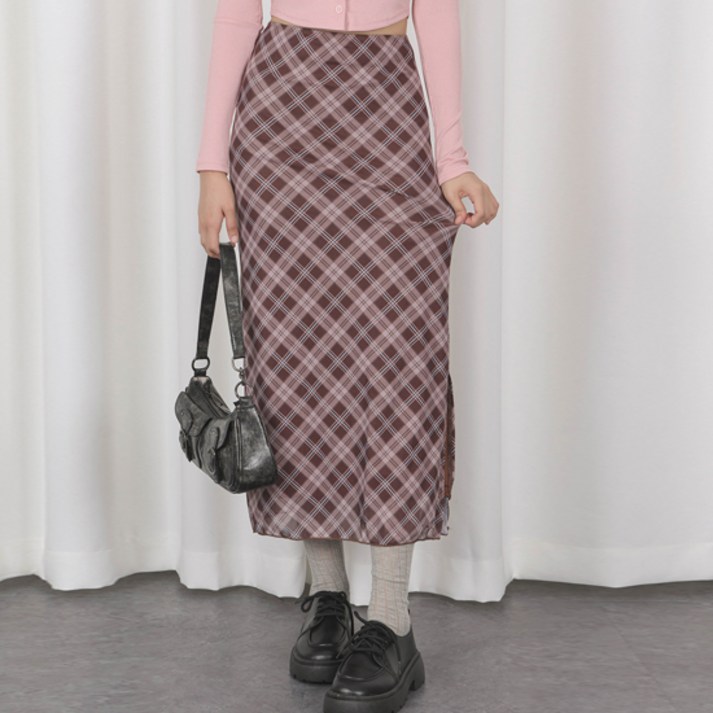 엘쏘 격자 체크 레이어드 슬릿 롱 스커트