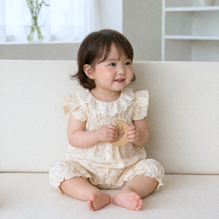 베베니즈 유아용 프릴플라워 레이스카라 민소매롬퍼